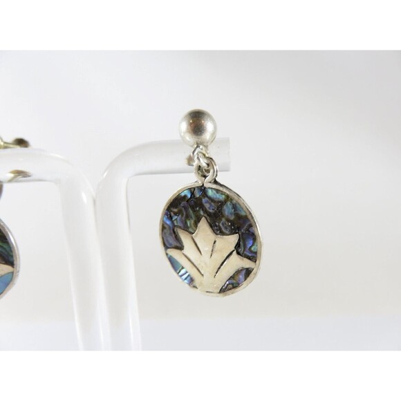 Figural Palm Leaf Disc Abalone & Sterling Taxco Mexico VKE Silver Screw Back Ear - Picture 3 of 9